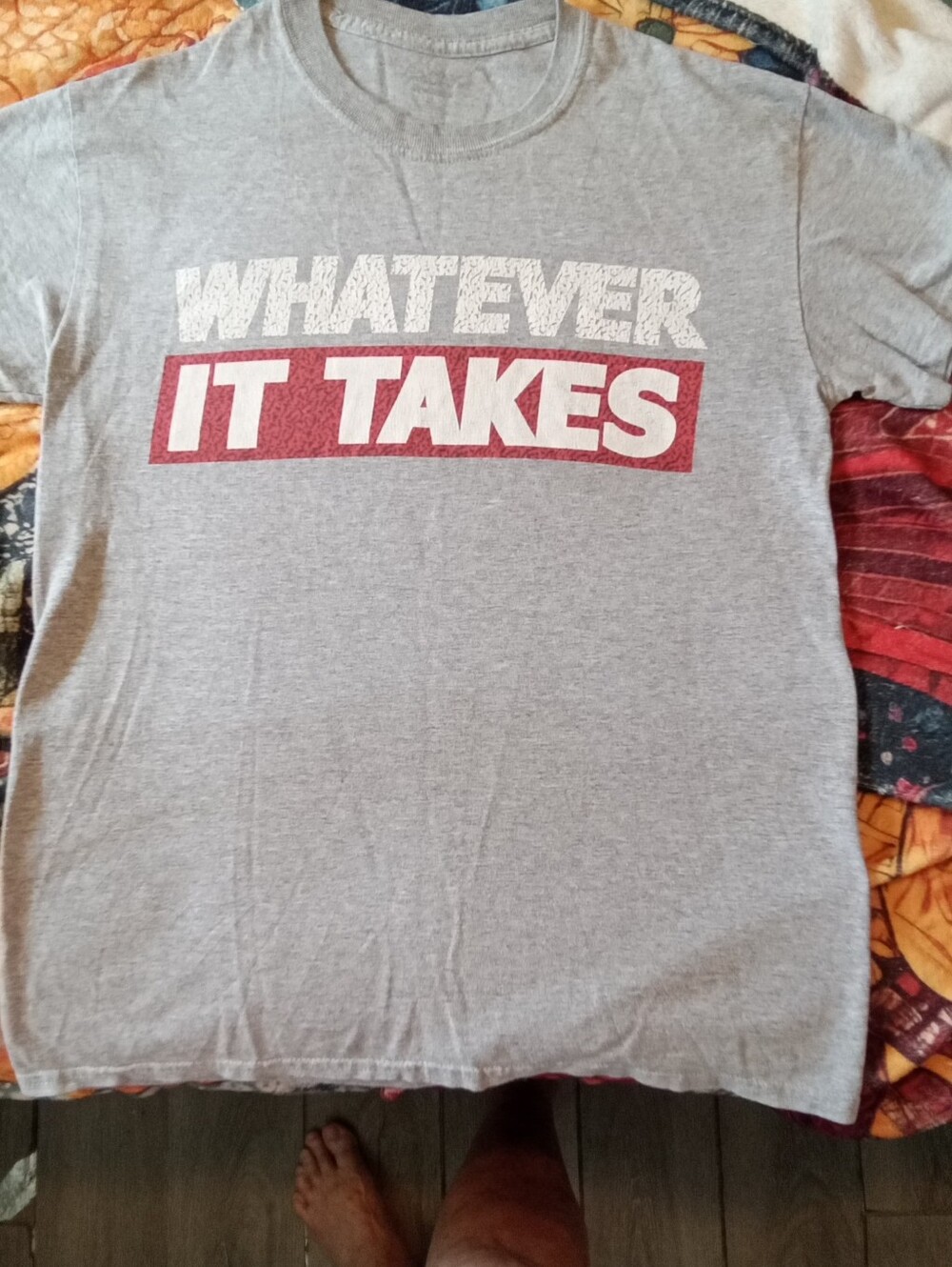 #667 Grey 'Whatever It Takes' Graphic Tee - Red & White Print - L